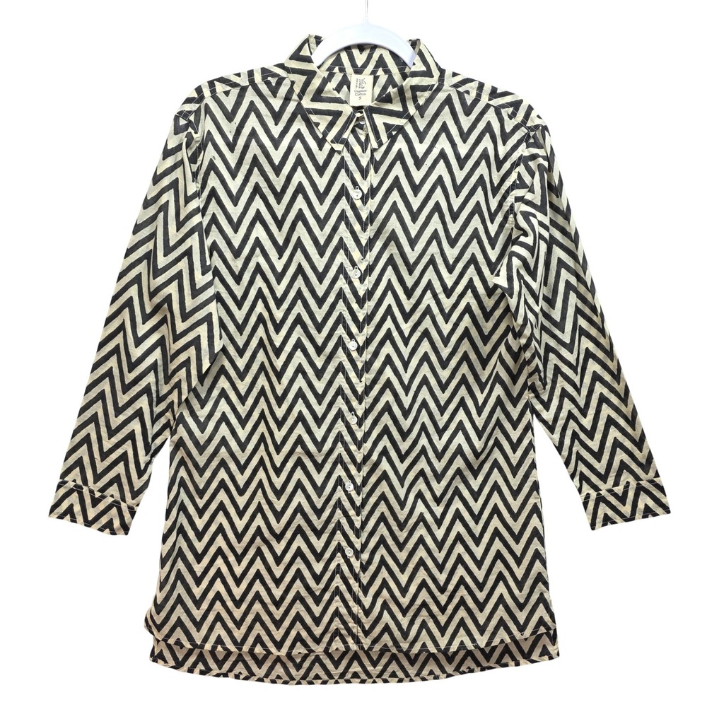 Yala Designs Tunic Shirt Womens S Organic Cotton Brown Chevron Boho Button Up